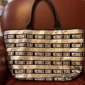 Victoria's Secret Black and Silver Sequin Logo Tote